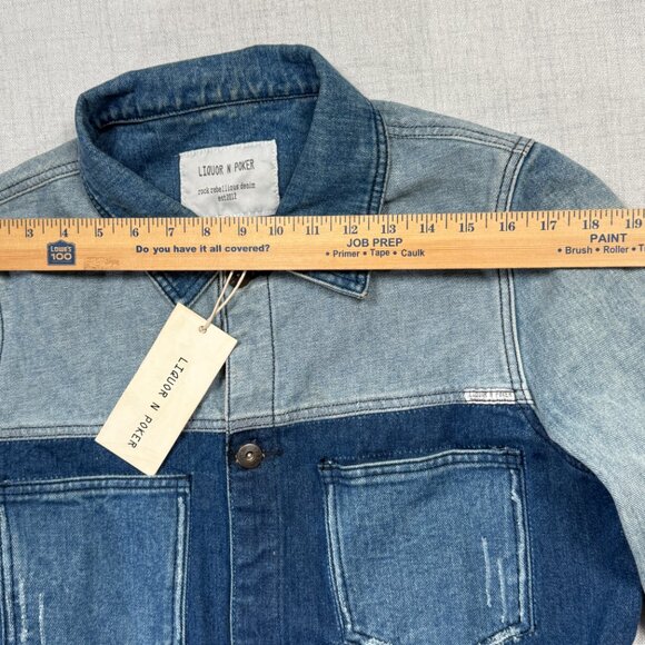 Liquor N Poker Cut and Sew Denim Jacket Colorblock Blue Cotton Size L NWT - Picture 6 of 14